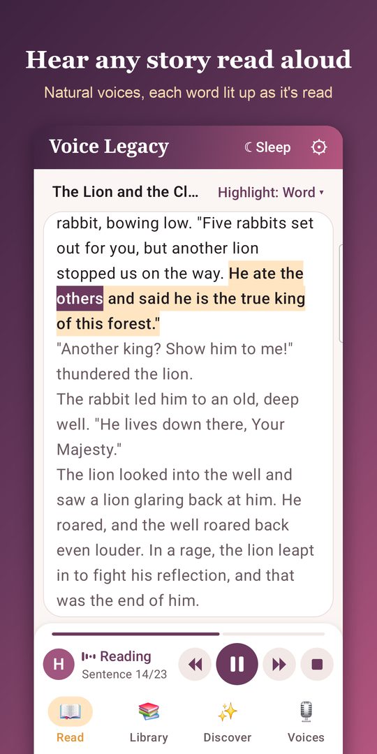 A story read aloud, each word lit up